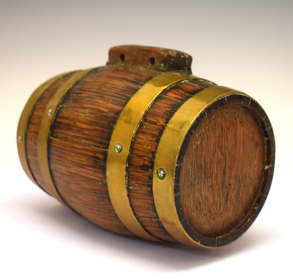 Brass bound liqueur costrel barrel, 18cm high x 10cm wide Condition: Signs of woodworm damage