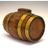 Brass bound liqueur costrel barrel, 18cm high x 10cm wide Condition: Signs of woodworm damage