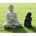 Two stone effect garden ornaments in the form of a seated Buddha, tallest 43cm high (2) Condition: