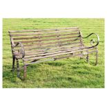 Wrought metal garden/seat having scroll ends and the metal slats faced with wood, 172cm wide