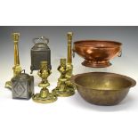 Large copper and brass bowl, together with two pairs of brass candlesticks and two period pewter tea
