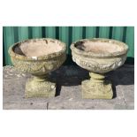 Pair of stone effect garden planters in the form of classical pedestal urns, 42cm high Condition:
