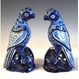 Pair of Continental tin glaze majolica parrots on openwork bases, 24cm high Condition: Ceramics &