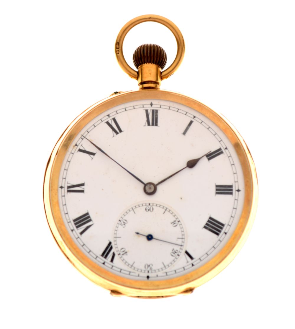 18ct gold open-faced pocket watch, white Roman dial with subsidiary at VI, 86.8g approx Condition: