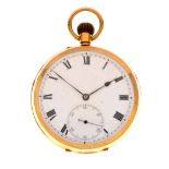 18ct gold open-faced pocket watch, white Roman dial with subsidiary at VI, 86.8g approx Condition: