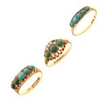 Late Victorian 18ct gold and turquoise five-stone dress ring of circular cabochons bordered by small