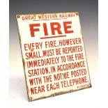 Railway Interest - Enamel Great Western Railway 'Fire' notice sign, 33.5cm x 29cm Condition: Various