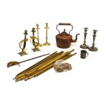 Quantity of metalware to include; copper kettle, brass candlesticks, stair-rods, etc Condition: