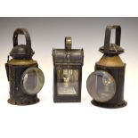 Three vintage railway lamps, one of which stamped B.R (E) British Rail Condition: Paint chips to all
