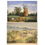 Quantity of framed watercolours to include; Two Marie Walton small landscapes, Douglas Halliday