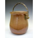 Large copper cauldron log bucket having twisted handle, 35cm x 99cm diameter Condition: Would