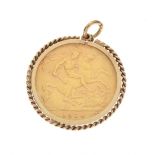 Gold Coin - Edward VII half sovereign 1910, in unmarked rope twist frame as pendant, 5g approx