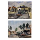 Frederick Lea (Modern) - Watercolour - Two views of steam trains, one leaving Cheddar railway