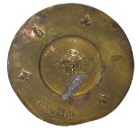 Arts & Crafts-style sheet brass charger with profile portrait of 'Sir Galahad', old depository label