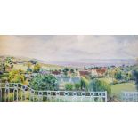 Dennis Lewis - Watercolour - View looking down the Bristol Channel from above Portishead Lake