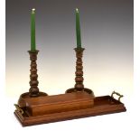 Treen - Pair of turned candlesticks with dished stands, Edwardian oblong tray with brass carry