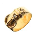 Gentleman's unmarked yellow metal buckled belt ring, gypsy-set two small diamonds, size M, 6.3g
