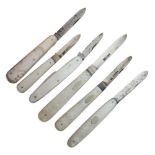 Collection of four silver mother-of-pearl folding fruit knives, together with two base metal