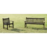 Modern teak garden bench, 159cm wide, together with a matching teak garden seat, 68cm wide (2)