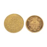 Gold Coin - 1854 one dollar, together with Turkish coin Condition: Surface wear and scratches