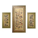Three Chinese silk panels with typical decoration, largest measuring 54cm x 22cm, all framed and