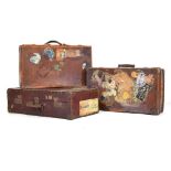 Three travel suitcases, with various hotel and Trans Atlantic labels to include; P & O, Brasil