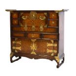 Chinese hardwood cabinet with brass mounts, 88cm x 32cm x 82cm Condition: Lock plate of fall front