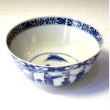 Chinese blue and white porcelain bowl, exterior decorated with alternating panels of landscapes