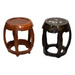 Modern Chinese stool with inlaid mother-of-pearl decoration; together with a teak stool, 47cm high