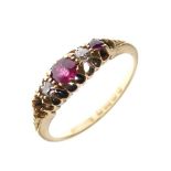 Edward VII 18ct gold, ruby and diamond ring, set central ruby between two diamonds and a further