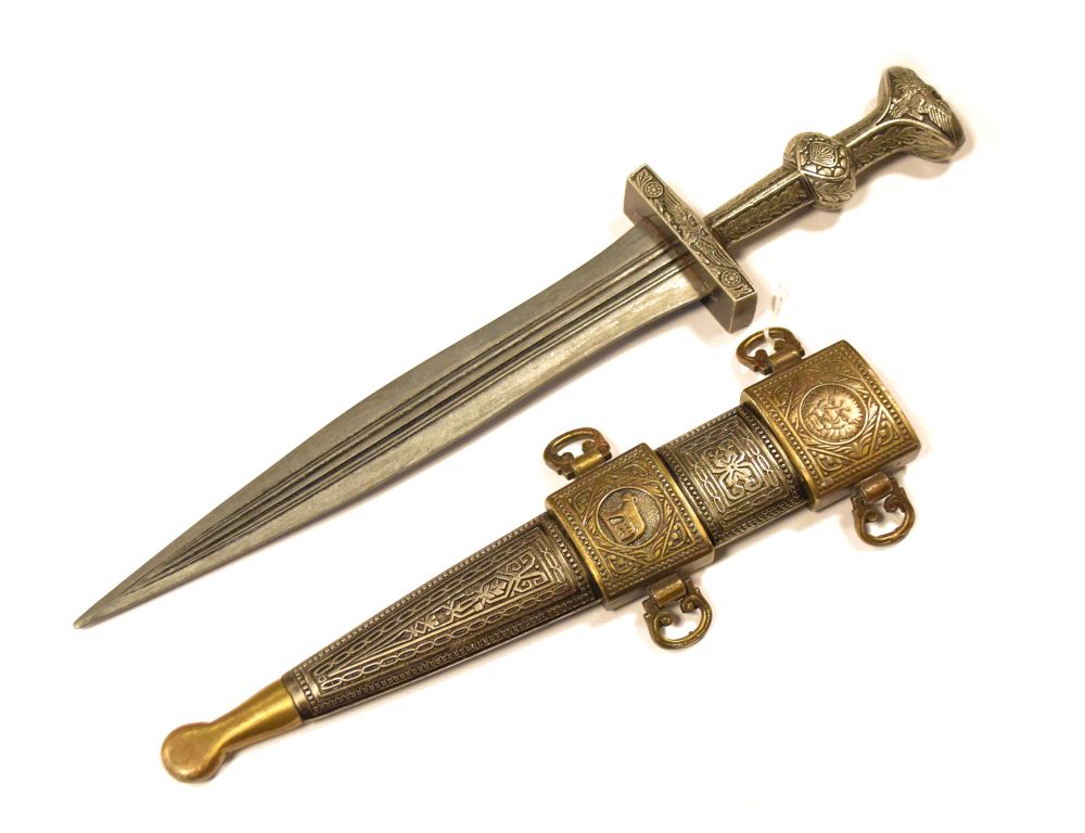 Highly decorative dagger in the ancient Roman style, double-edged blade 25cm with white metal hilt