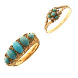 9ct gold dress ring set five turquoise cabochons, size L, together with a smaller unmarked yellow