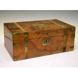 Walnut veneer writing box, 16cm, x 40cm, x 23.5cm (a/f) Condition: Large amount of brass banding