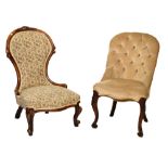 Mid Victorian lady's walnut-framed occasional chair, together with button back upholstered salon