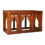 Late 19th/early 20th Century pitch pine Gothic altar base, 146cm x 57cm x 83cm Condition: Various