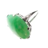 18ct white gold dress ring set large dyed jade oval cabochon approx 18mm x 13mm, between small