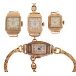 Lady's mid century 9ct gold wristwatch with 9ct gold strap, together with two similar watch heads,