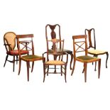 Pair of early 20th Century Regency-style inlaid mahogany dining chairs, two other dining chairs