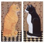 Seven assorted coloured prints of cats, all approximately 29cm x 11.5cm, framed and glazed (7)