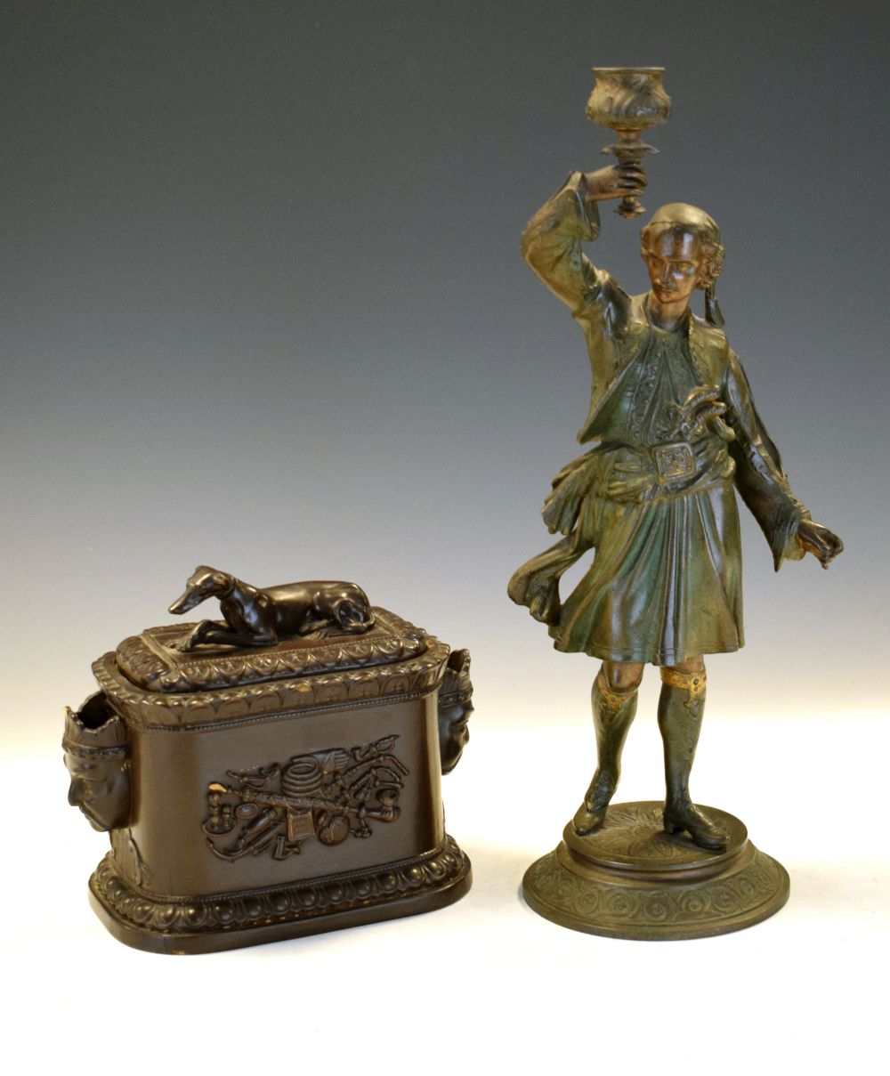 Late 19th Century spelter figural candlestick modelled as a Turk, 37cm high, together with a 19th