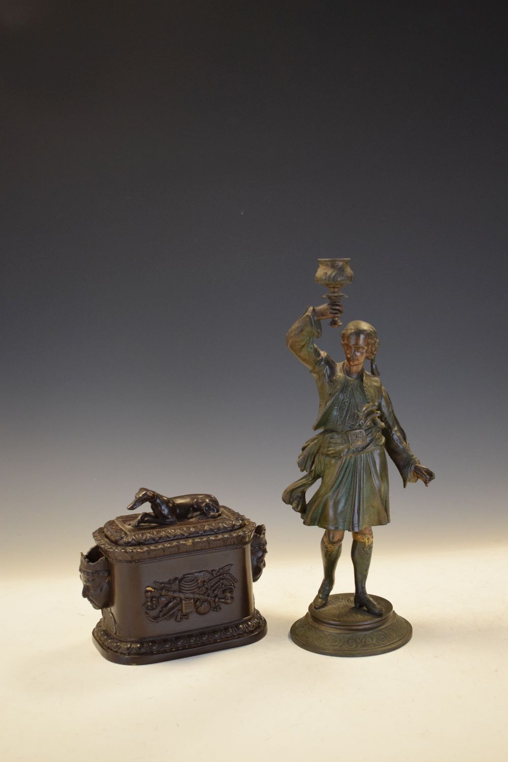 Late 19th Century spelter figural candlestick modelled as a Turk, 37cm high, together with a 19th - Image 2 of 8