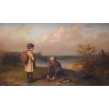English School - Oil on board - Father and son skinning a rabbit on a cliff, unsigned, 18cm x 29.