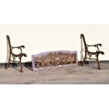 Pair of wrought metal garden bench/seat ends, together with a matching seat back with grapevine