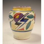 1930's Poole Pottery vase with Art Deco decoration, 'JV' painted mark verso,, 10cm high