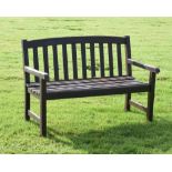 Modern teak garden bench/seat, 120cm wide Condition: One arm is loose on the back where the wood has