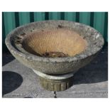 Composition circular garden planter/bird bath on pedestal base, 66cm diameter x 38cm high Condition:
