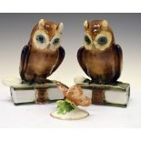 Zsolnay Pecs Hungary - Pair of porcelain owls, together with Rosenthal butterfly, 17cm high and