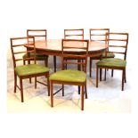 G-Plan teak dining table, 74.5cm high x 122cm long (not extended), together with a set of eight