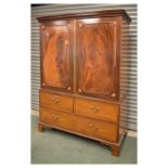 Edwardian mahogany inlaid linen press, having two short drawers and one long, 185.3cm x 127cm x 61cm