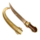 Large Arab dagger or jambiya, curved double edged blade 11", wooden hilt with white metal pommel,